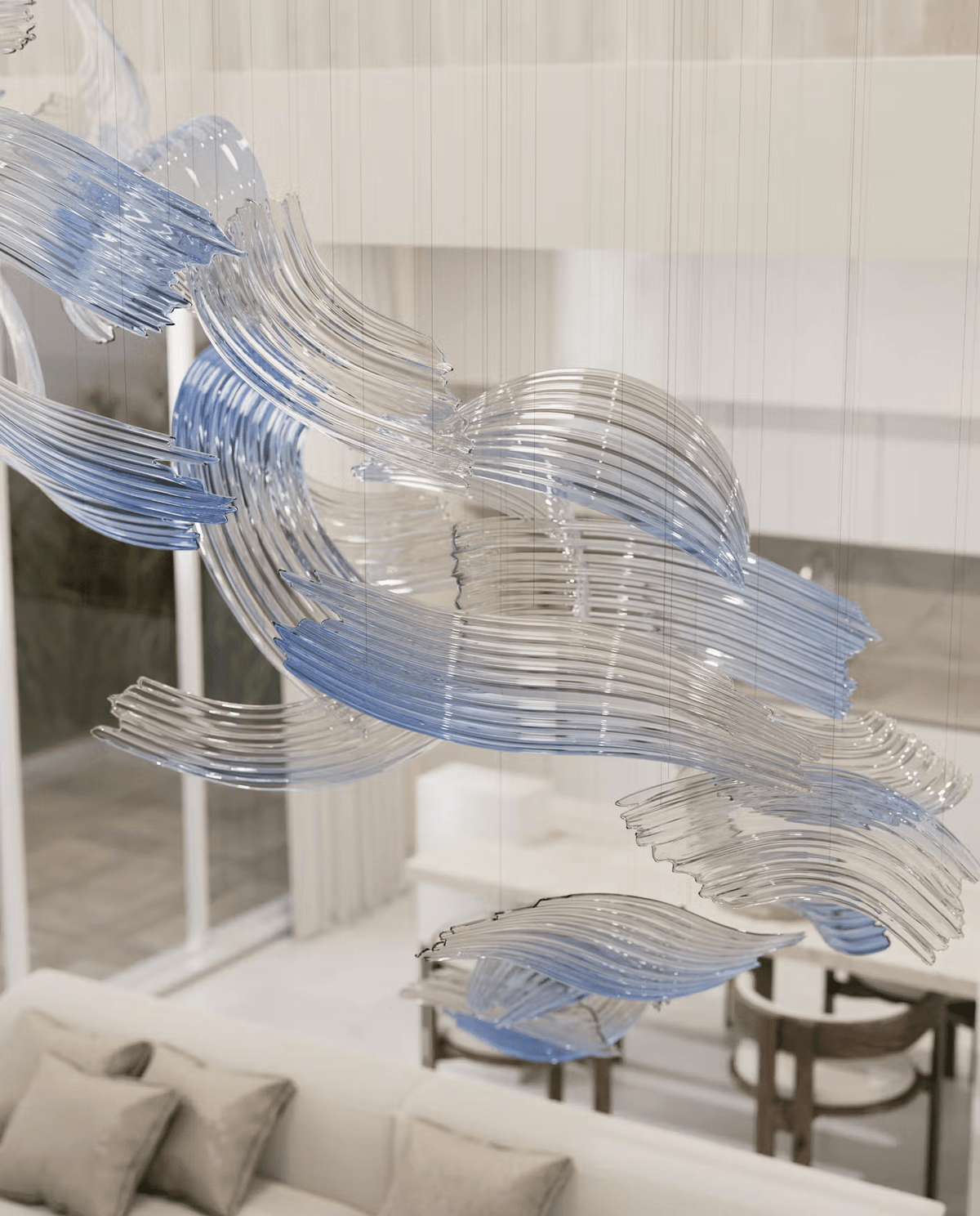 Indigo lámpara de araña con arte abstracto en pinceladas, azul y vidrio transparente