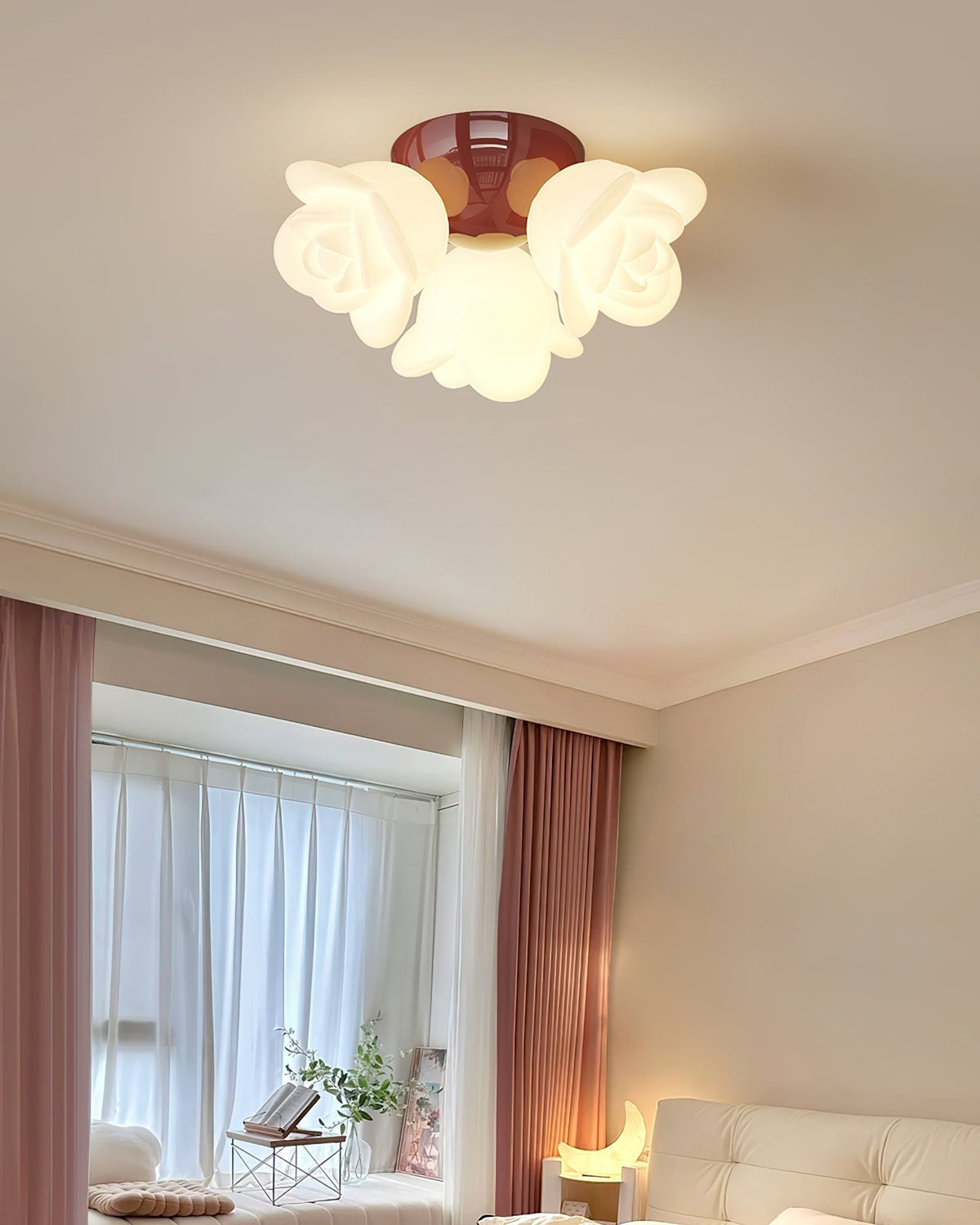 Lámpara de techo con florón metálico y forma floral artística en rosa PE de metal