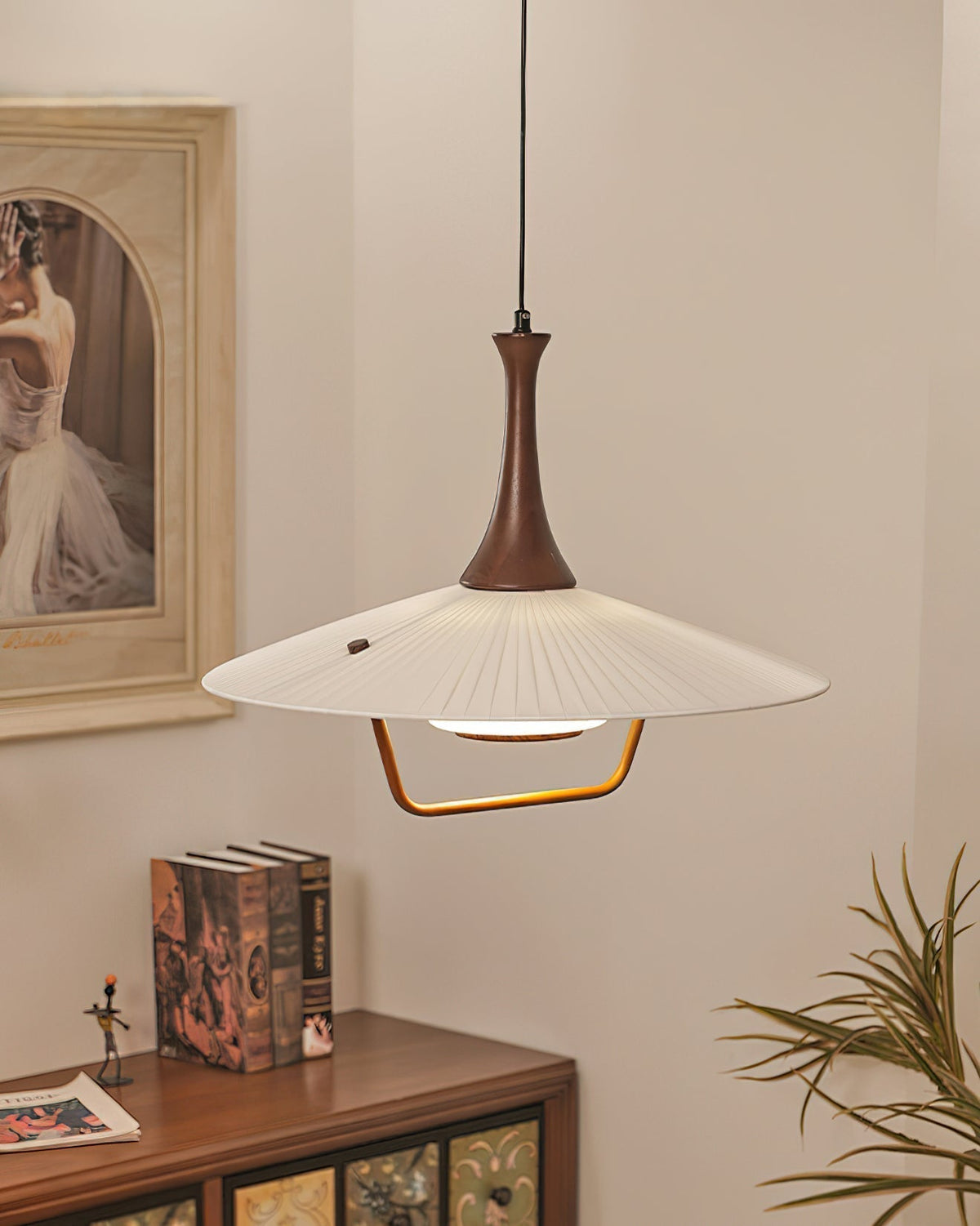 Vionne lámpara colgante de madera y blanco estilo mid-century