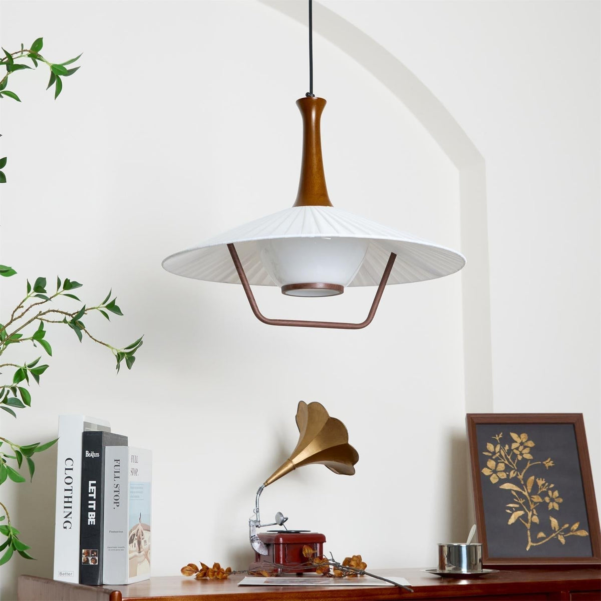 Vionne lámpara colgante de madera y blanco estilo mid-century