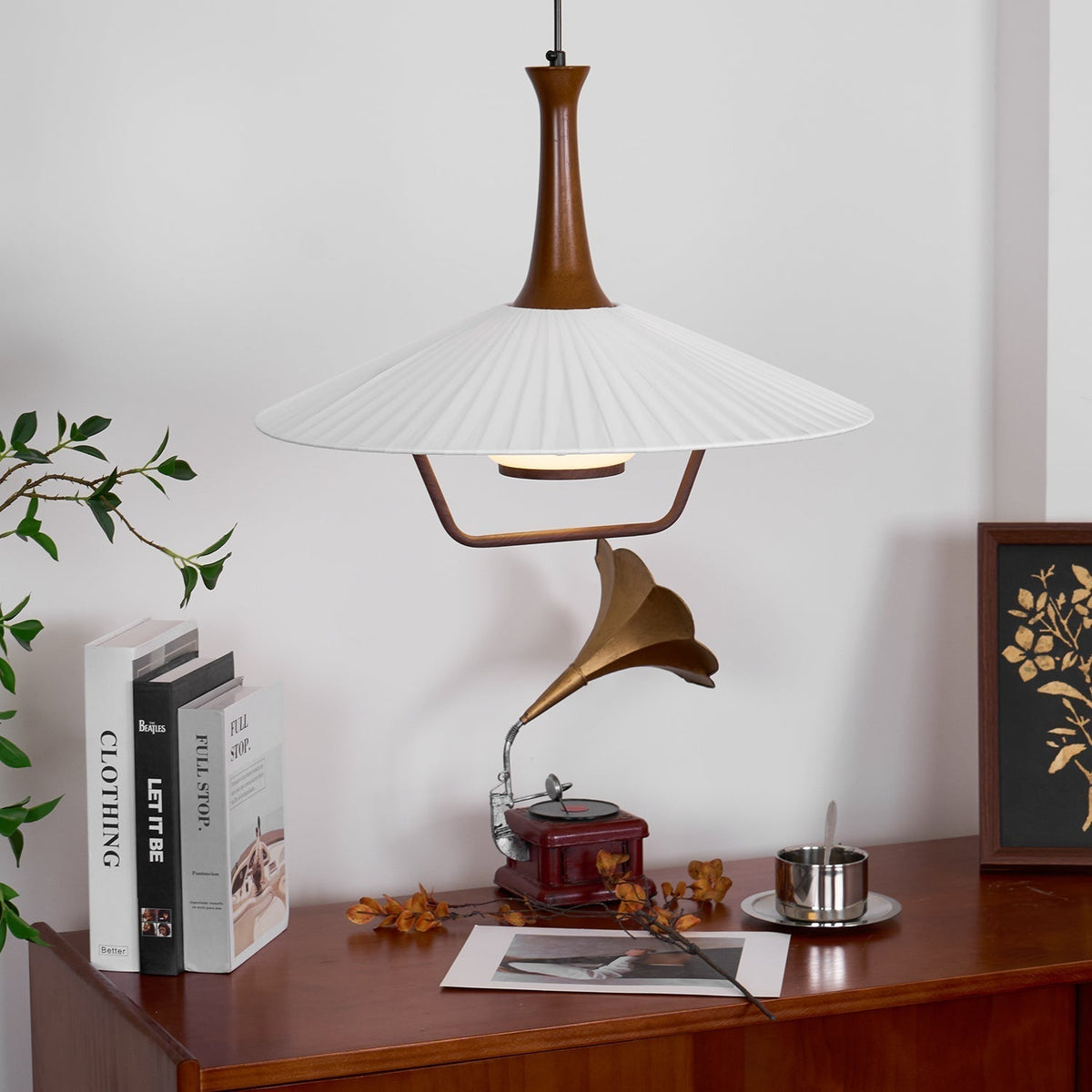 Vionne lámpara colgante de madera y blanco estilo mid-century