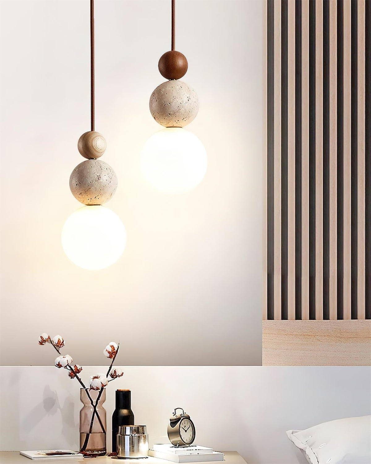 Giona lámpara colgante con esfera de travertino y madera neutro