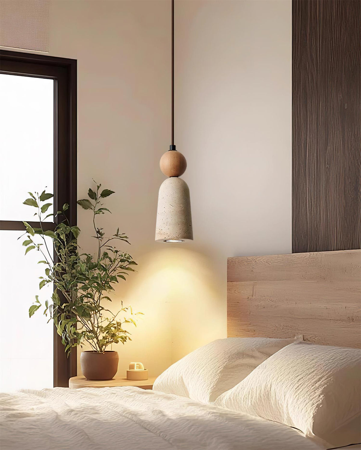 Nolira lámpara colgante de madera con pantalla de travertino natural