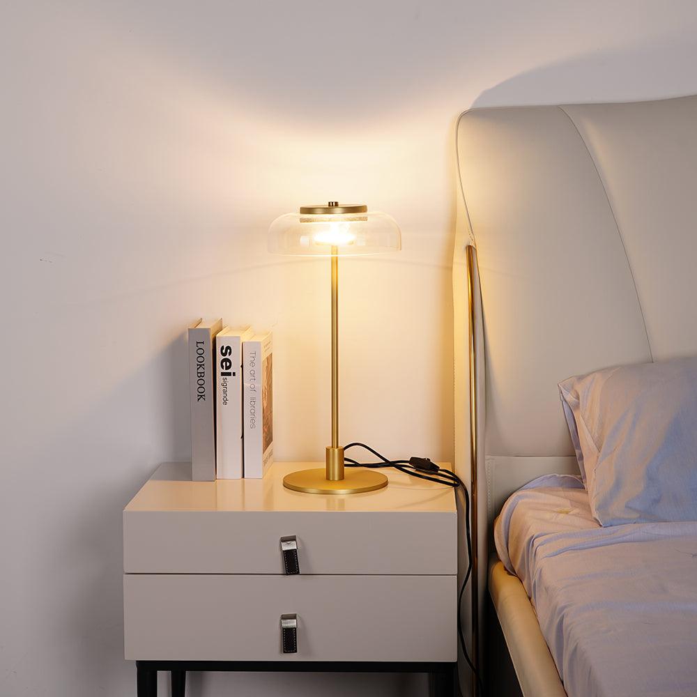 Rinelette lámpara de mesa con pantalla de vidrio transparente y base de madera