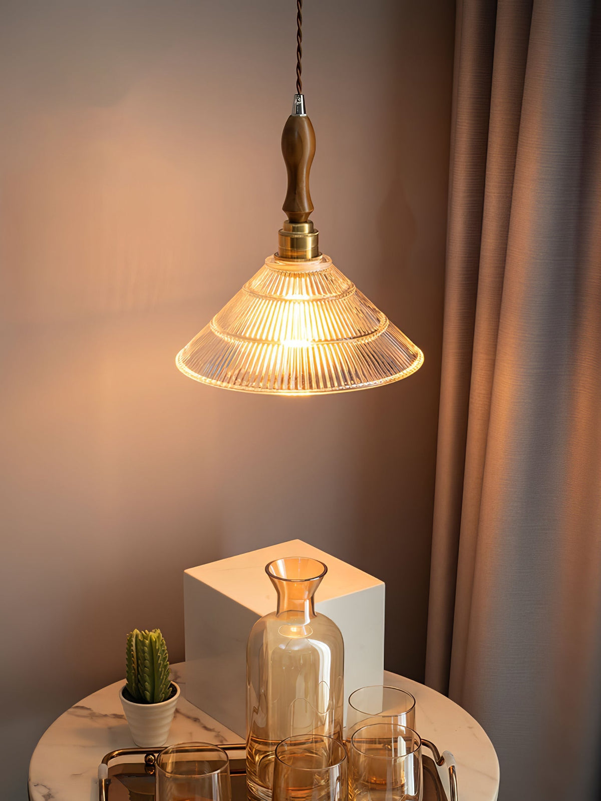 Arcara lámpara colgante Vintage de vidrio y madera con efecto efecto ondulado