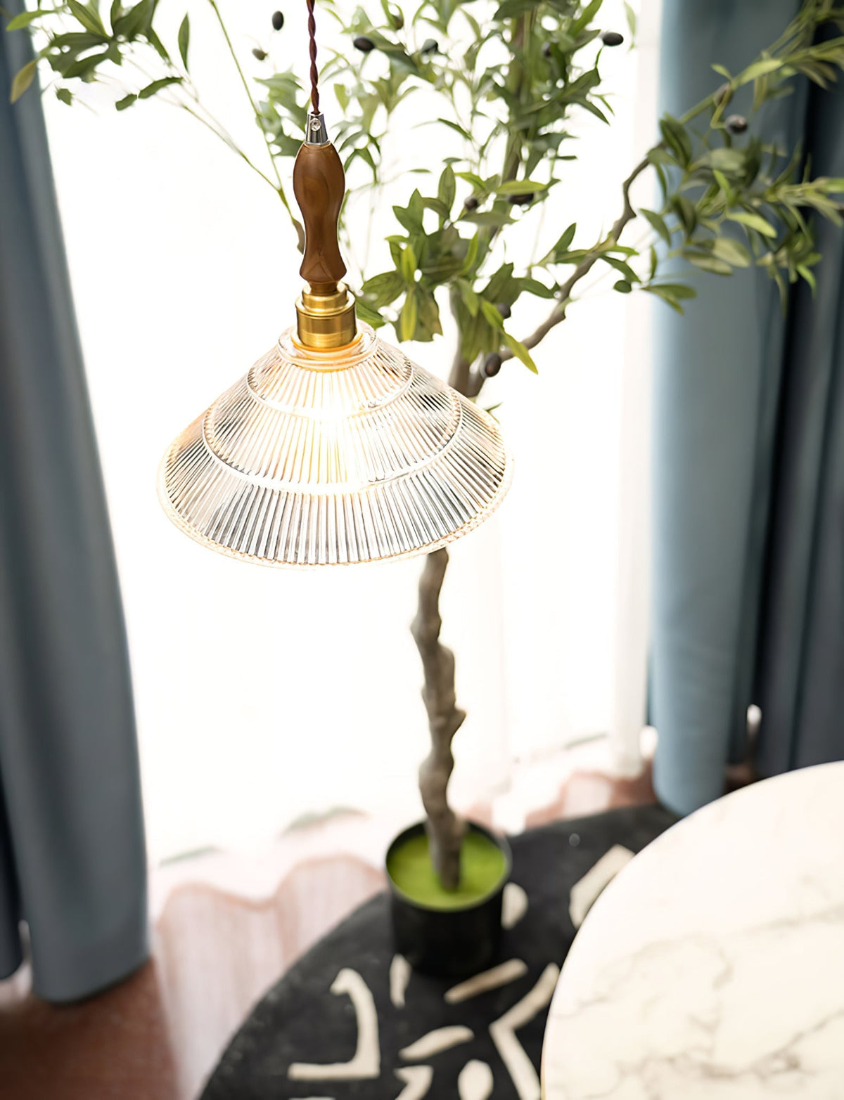 Arcara lámpara colgante Vintage de vidrio y madera con efecto efecto ondulado