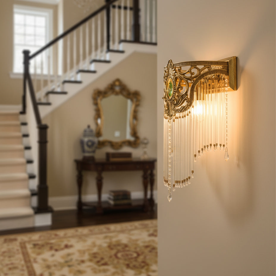 Bow aplique de pared Tie con franja de cristal dorado