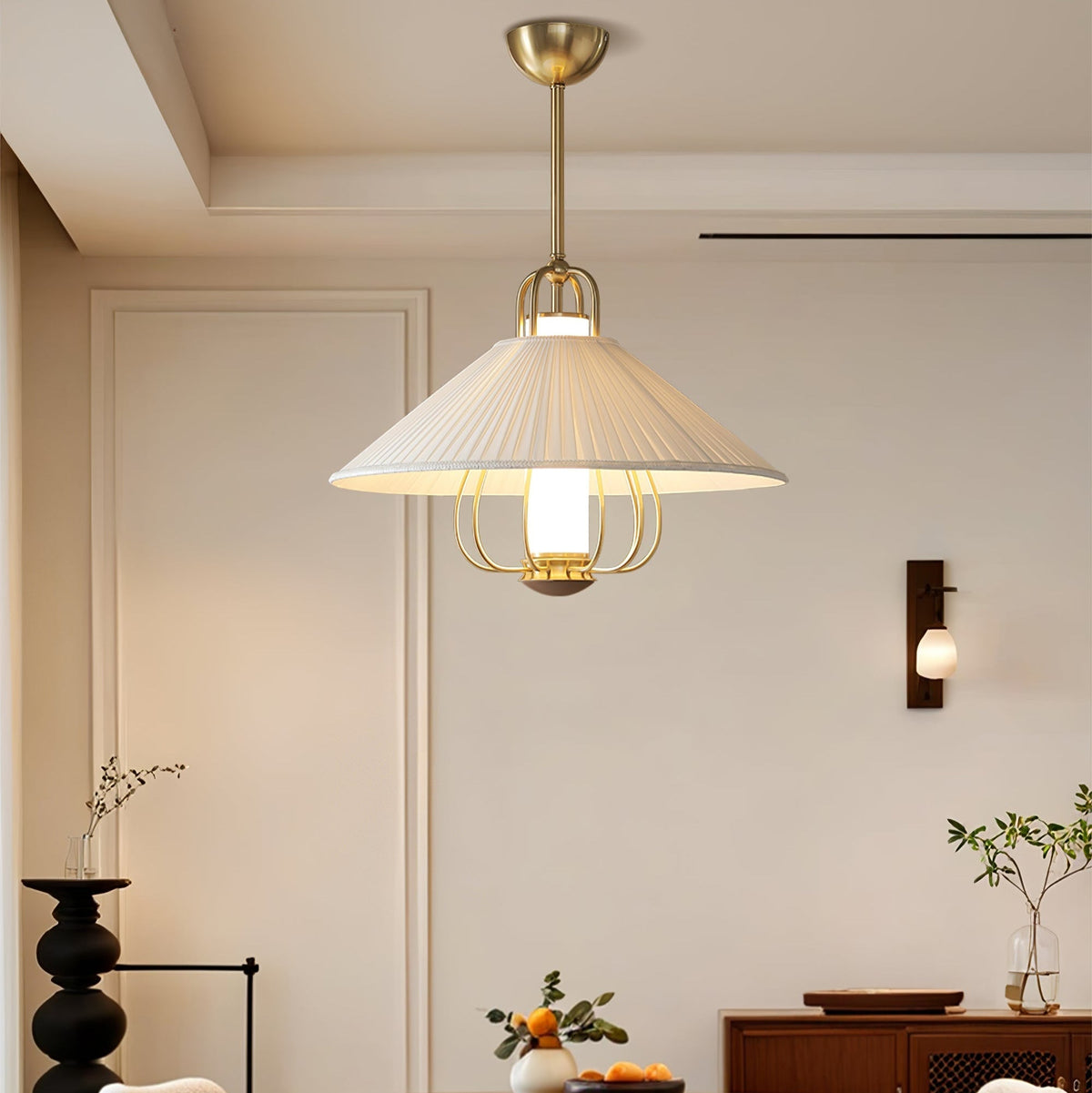 Solisiella lámpara colgante de tela dorada con LED para comedor
