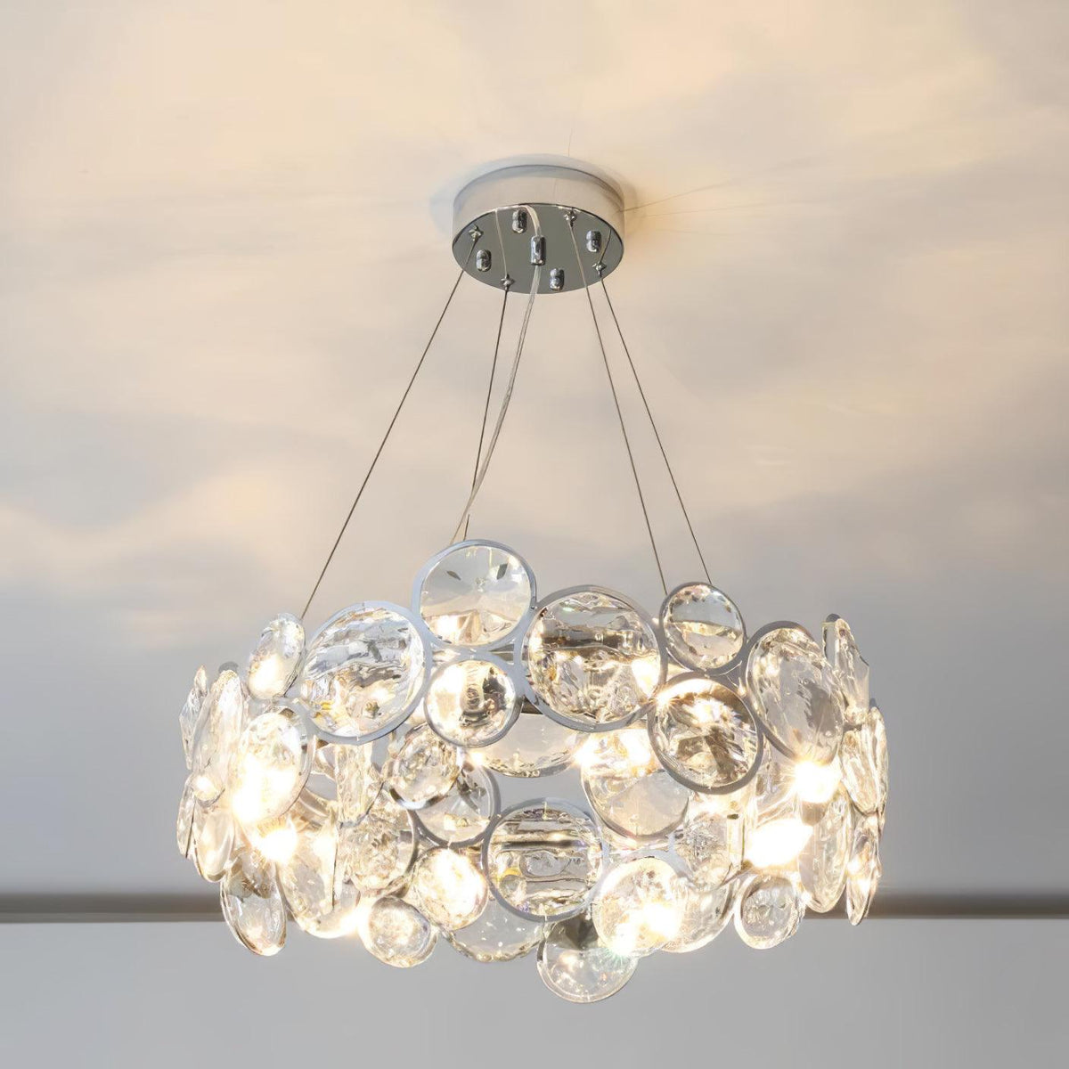 Cuthaiel lámpara de araña postmoderna de lujo redonda en cromo con cristal