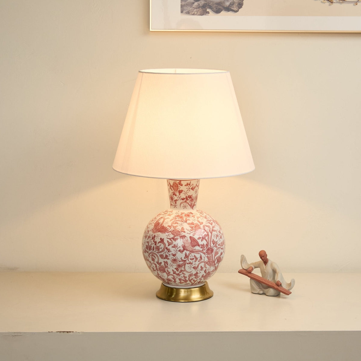 Coral lámpara de mesa con patrón floral de pájaro en cerámica