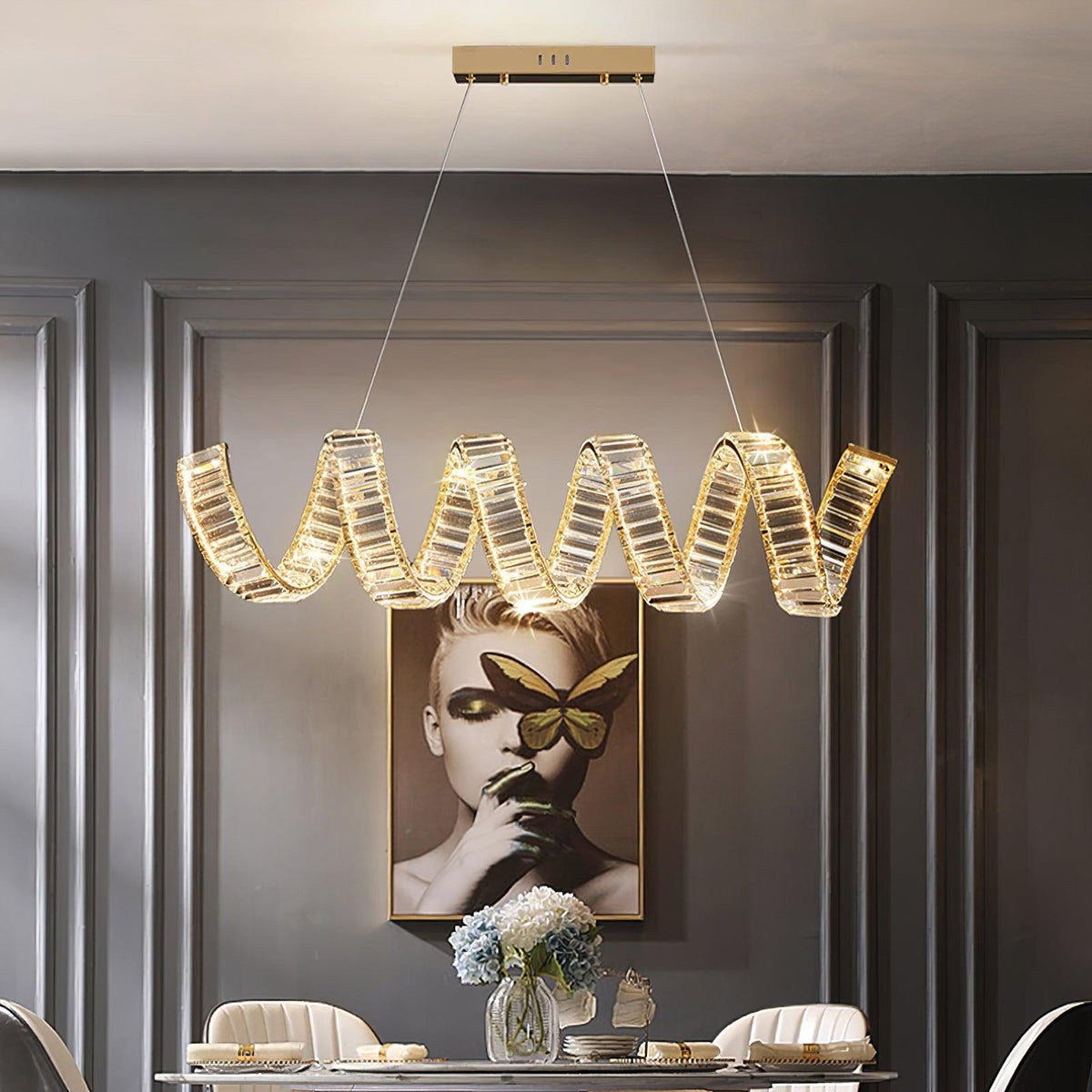 Luxielle lámpara de araña LED curva con cristal lujoso