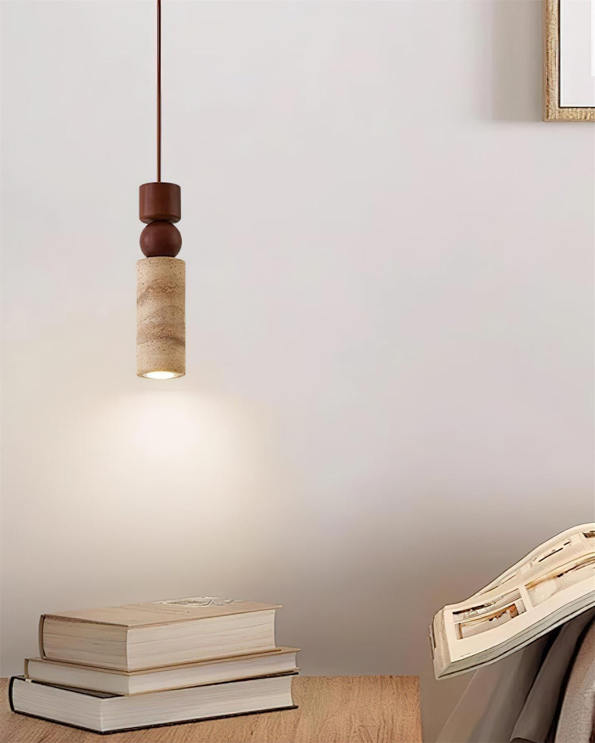 Lámpara Colgante Geométrica de Madera y Travertino Minimalista Nórdica