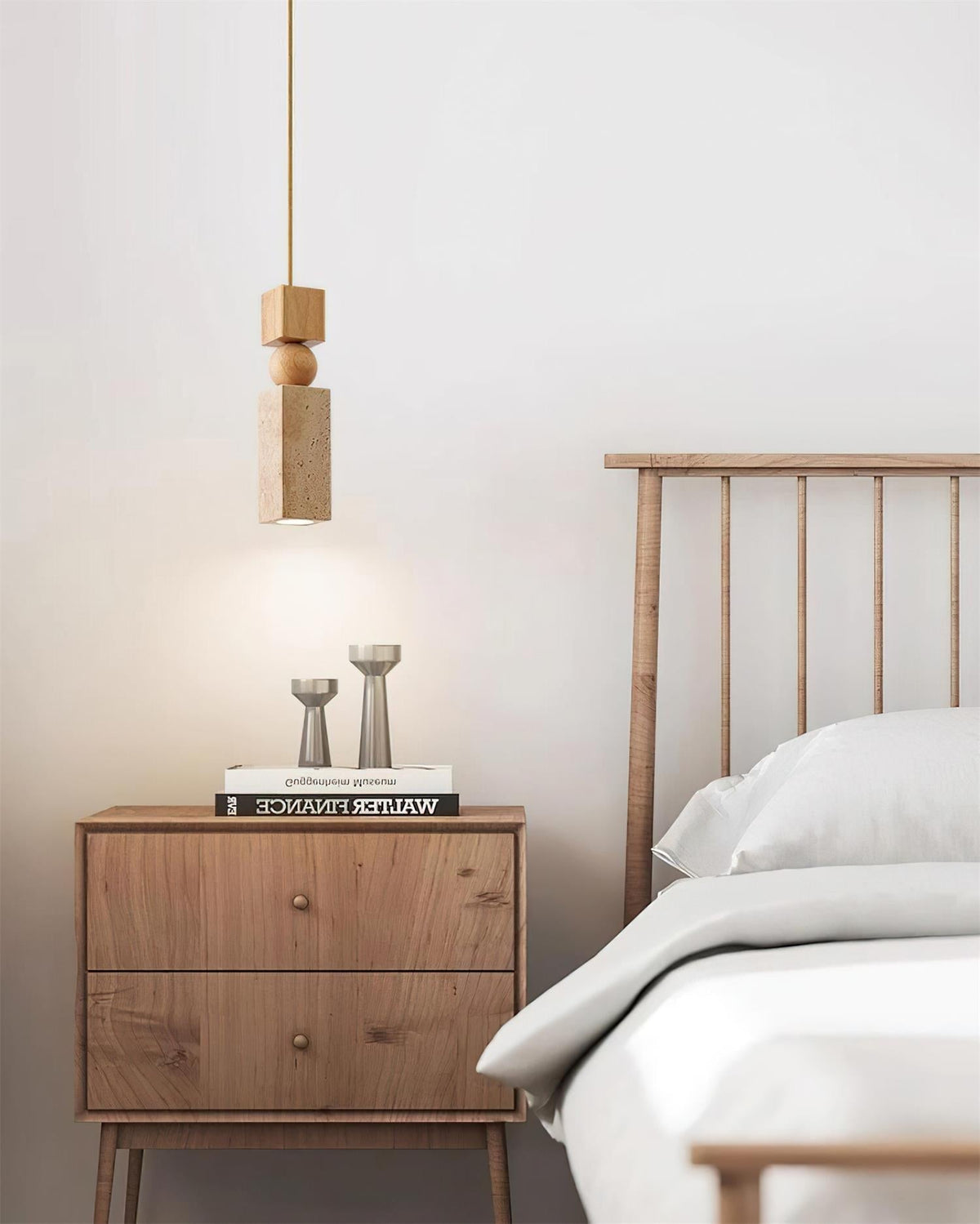 Lámpara Colgante Geométrica de Madera y Travertino Minimalista Nórdica