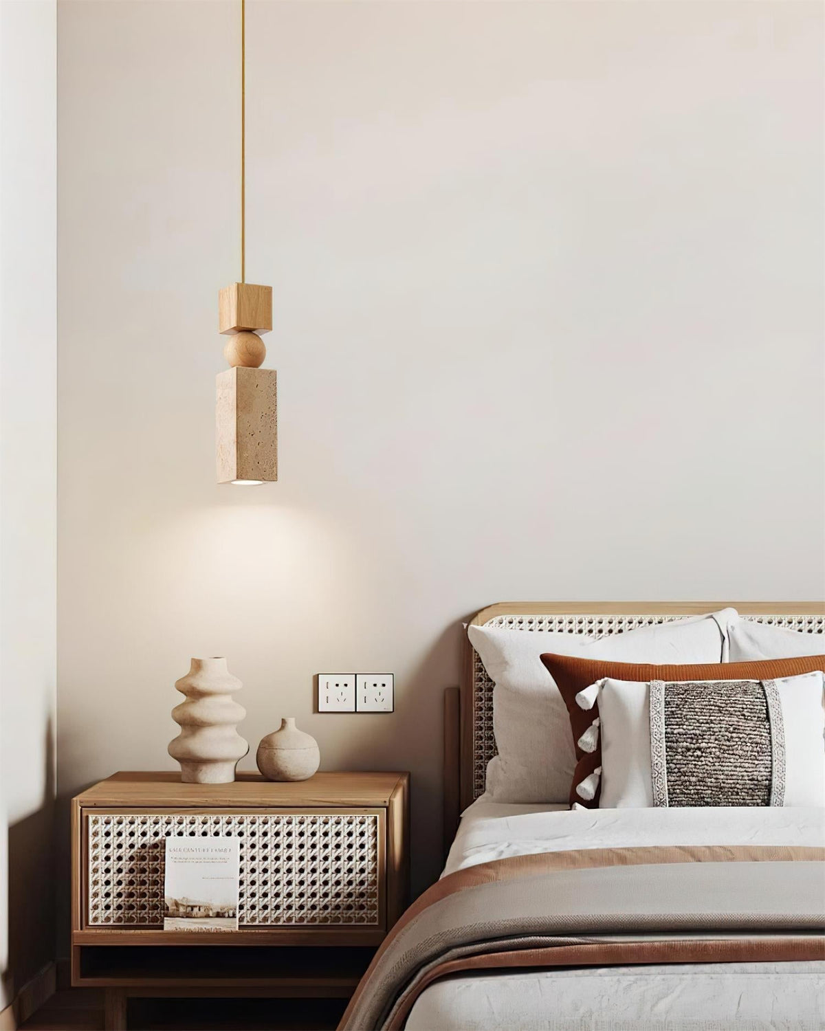 Lámpara Colgante Geométrica de Madera y Travertino Minimalista Nórdica