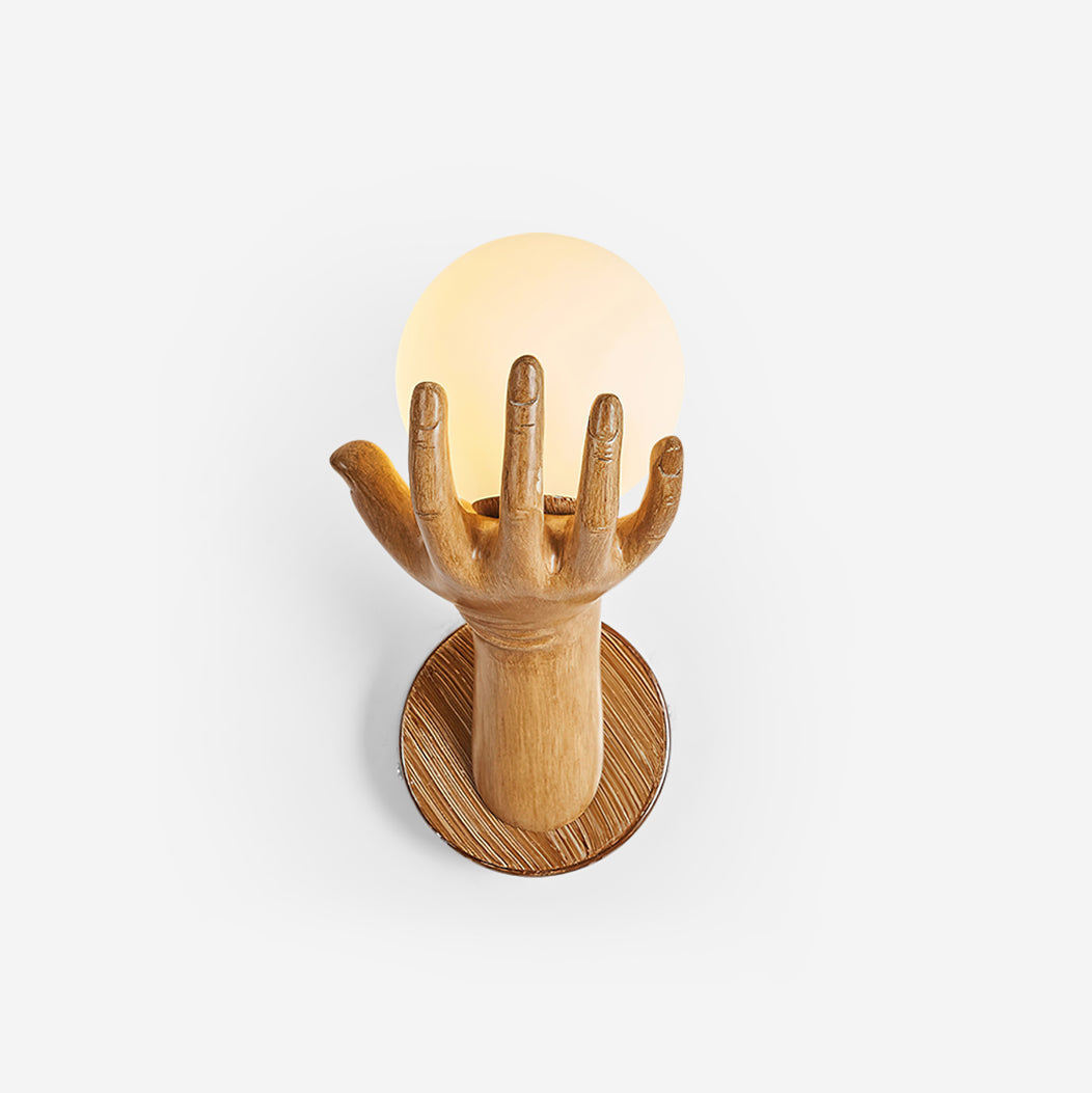 Aplique de pared con cuerpo de polímero y forma manual, pantalla esférica de madera esfera