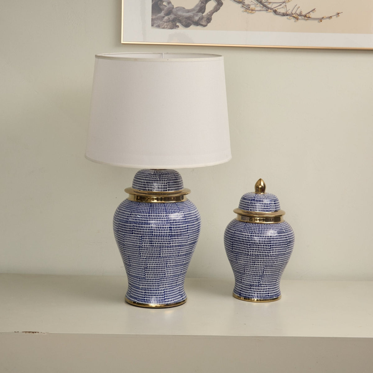 Indigo lámpara de mesa con patrón de puntos en cerámica