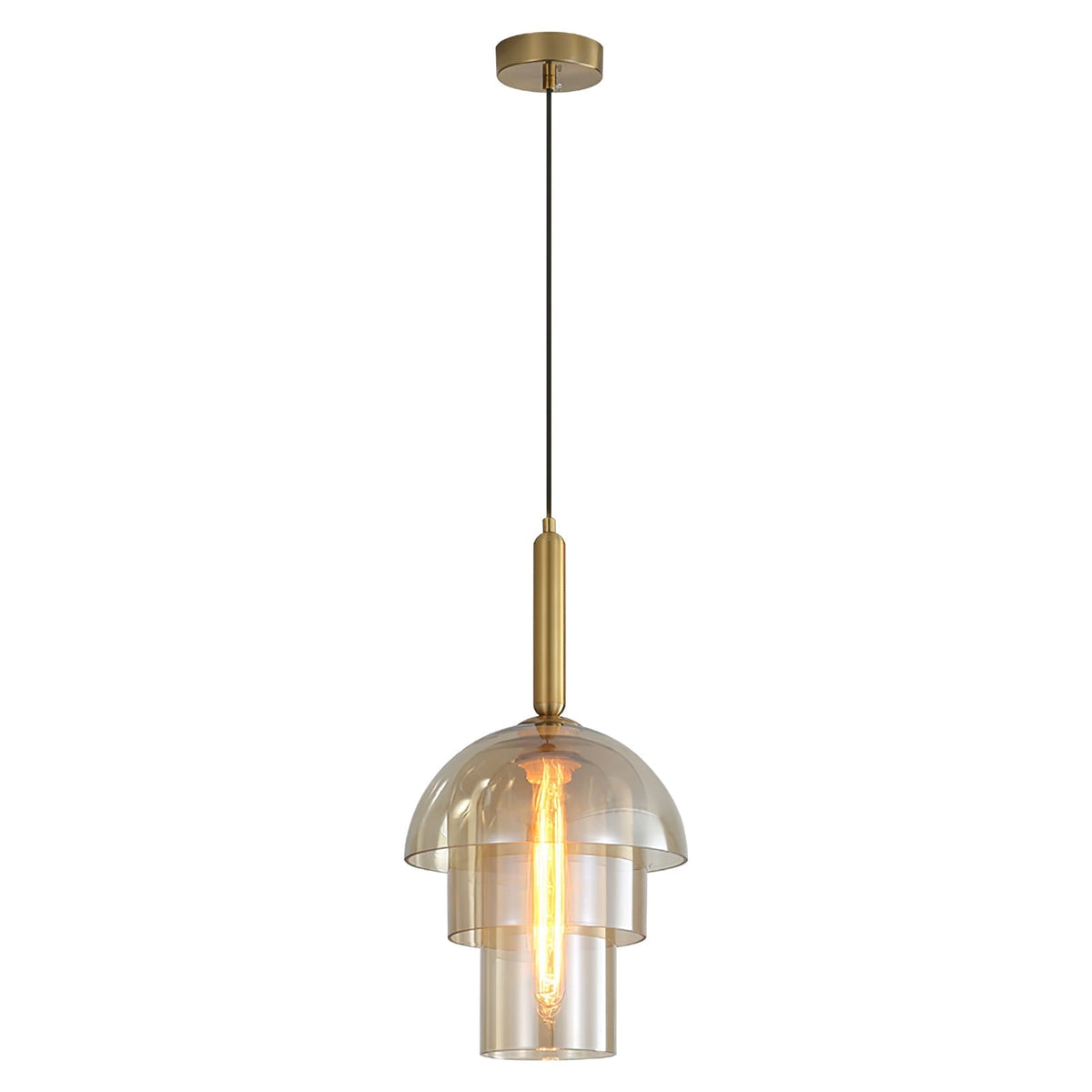 Renley lámpara colgante de cúpula en vidrio cognac y latón, estilo mid-century