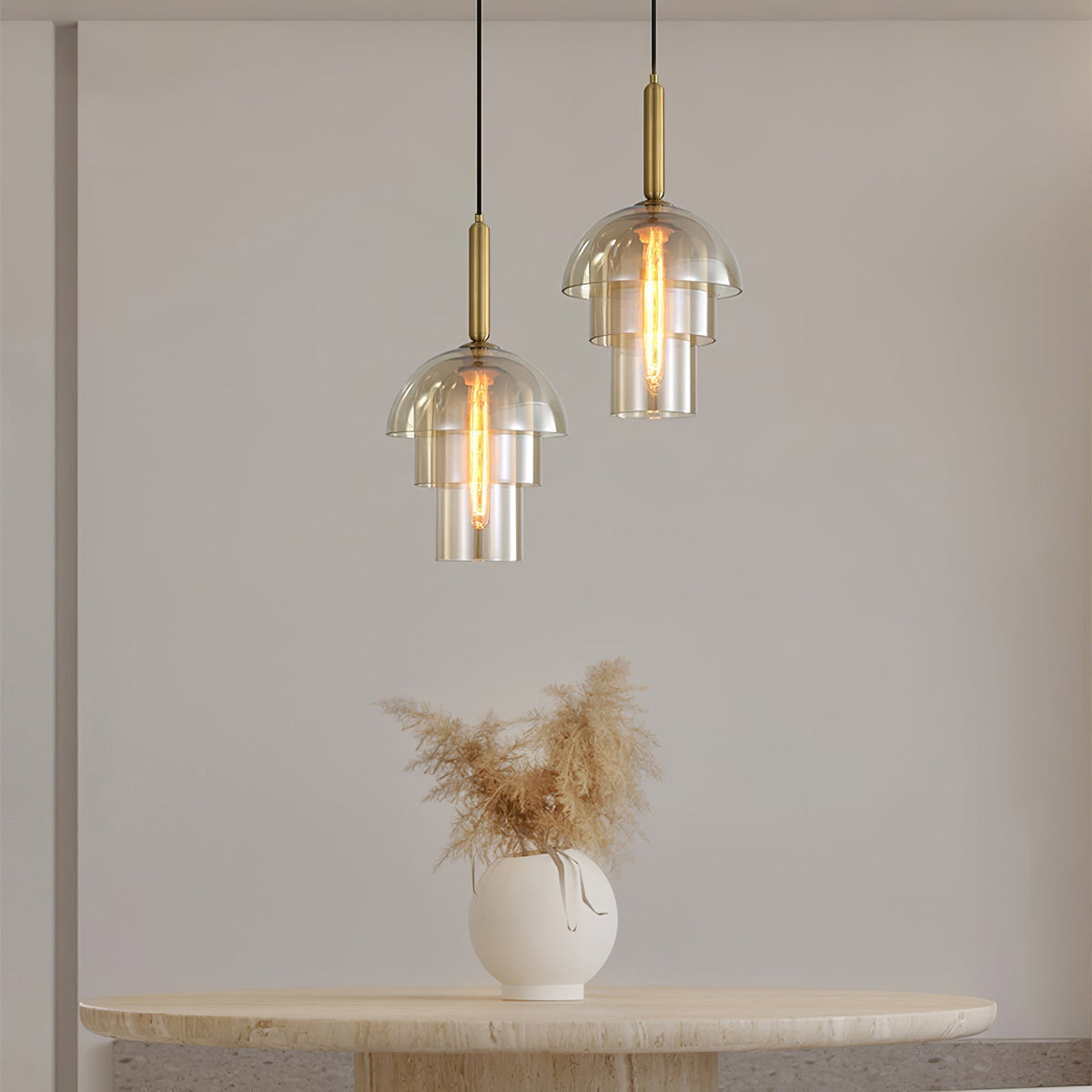 Renley lámpara colgante de cúpula en vidrio cognac y latón, estilo mid-century