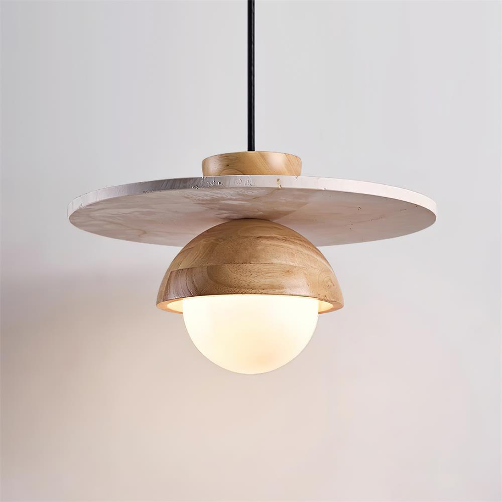 Calvion lámpara colgante de travertino, madera y vidrio con globo