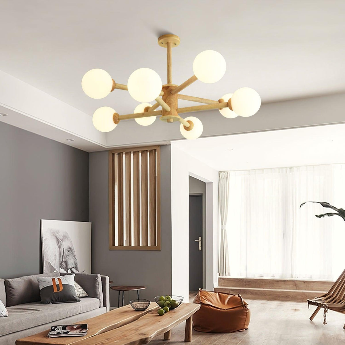 Kalds lámpara de araña de madera minimalista con esfera natural