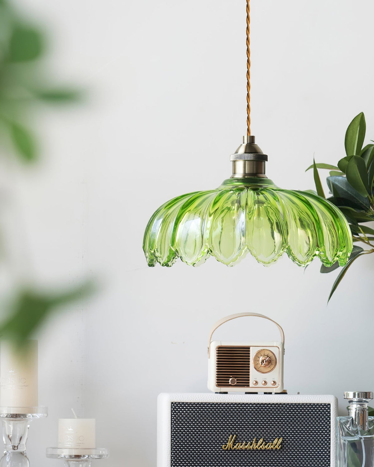 Limea lámpara colgante de vidrio verde en forma de flor