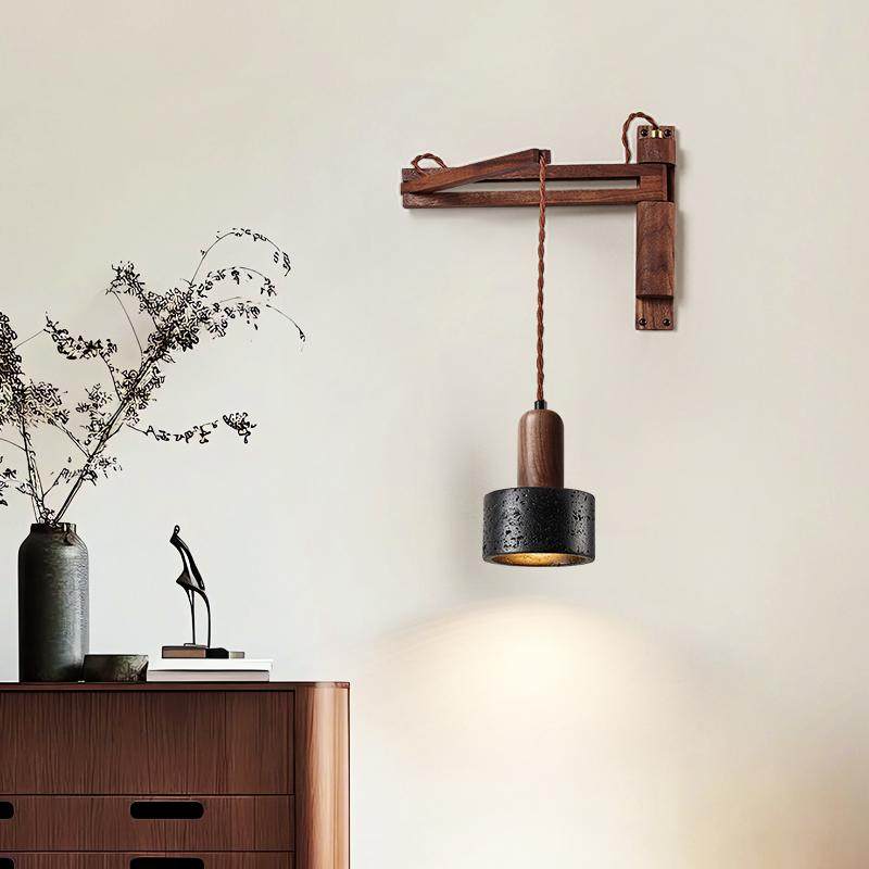 Vamki aplique de pared regulable negro con travertino y madera