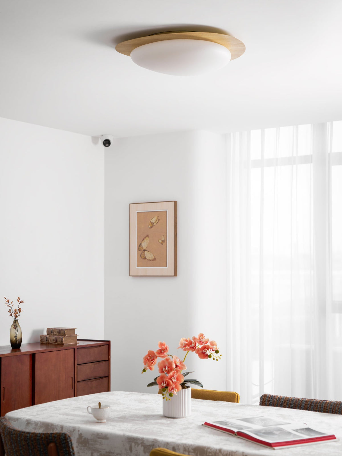 Sylenia lámpara de techo Pebble en nogal con acabado de grano de madera y pantalla de acrílico LED