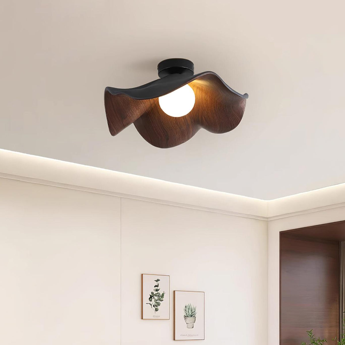 Belenor lámpara de techo Lotus Leaf con acabado de madera y blanco