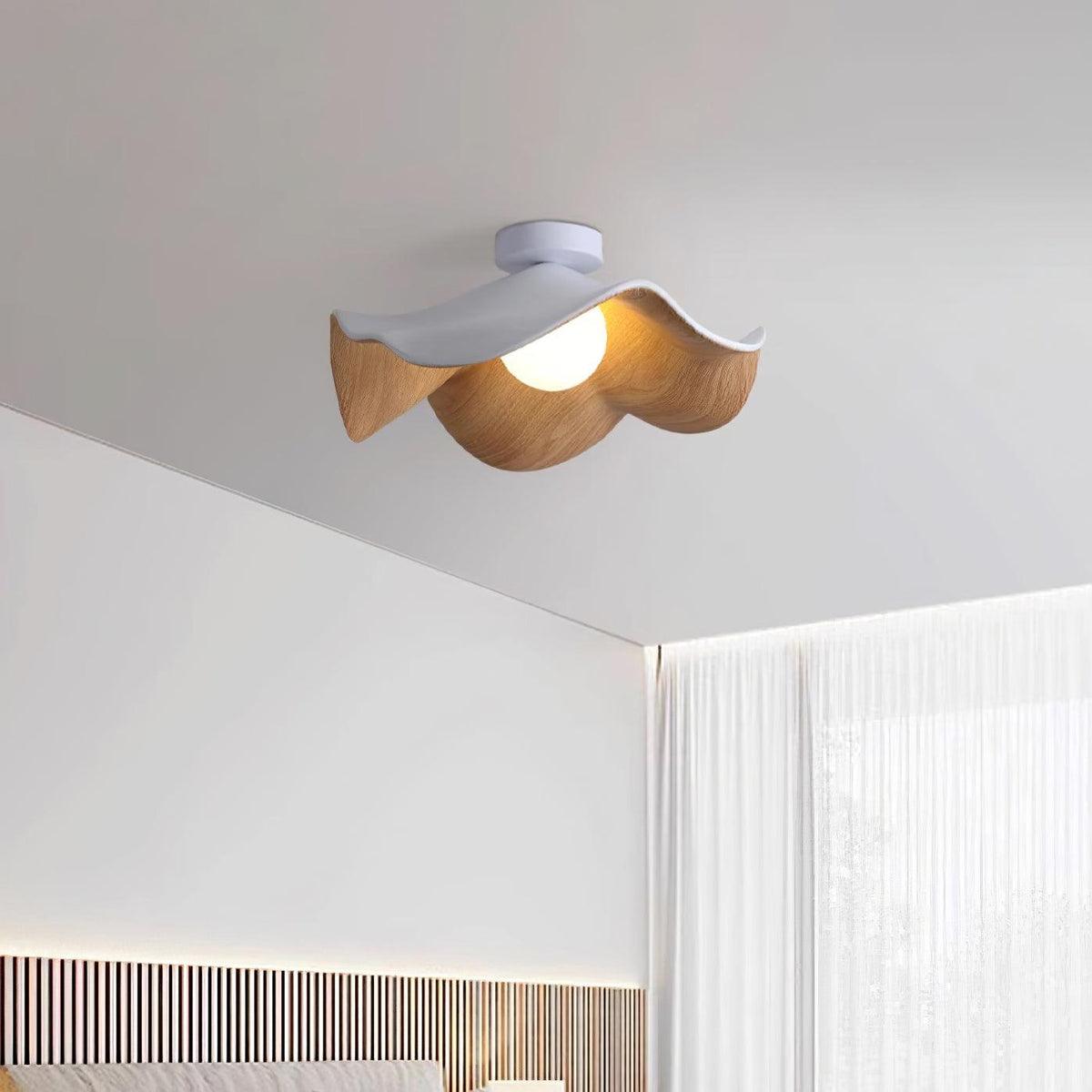Belenor lámpara de techo Lotus Leaf con acabado de madera y blanco