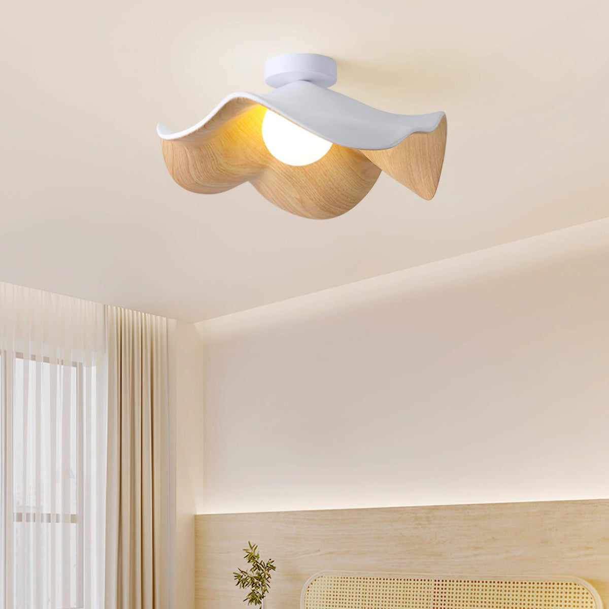Belenor lámpara de techo Lotus Leaf con acabado de madera y blanco