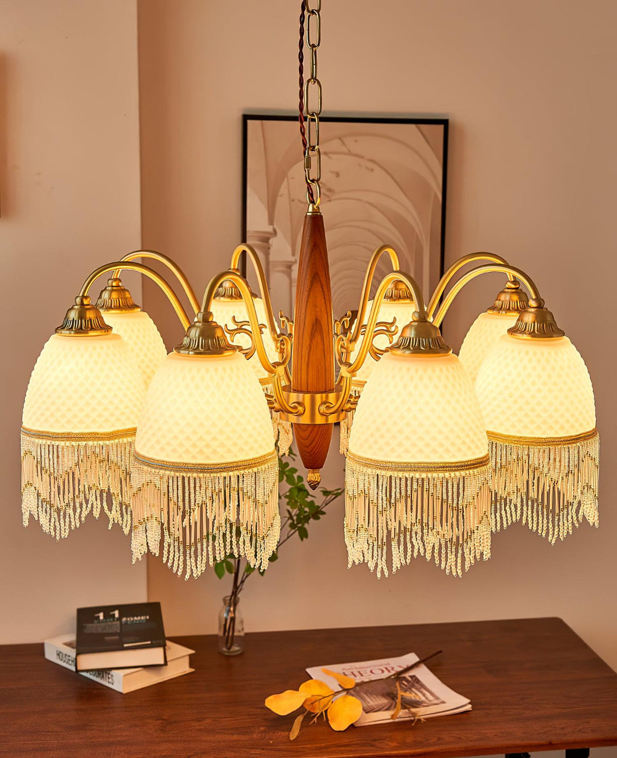 Yave lámpara de araña Vintage con borlas y vidrio