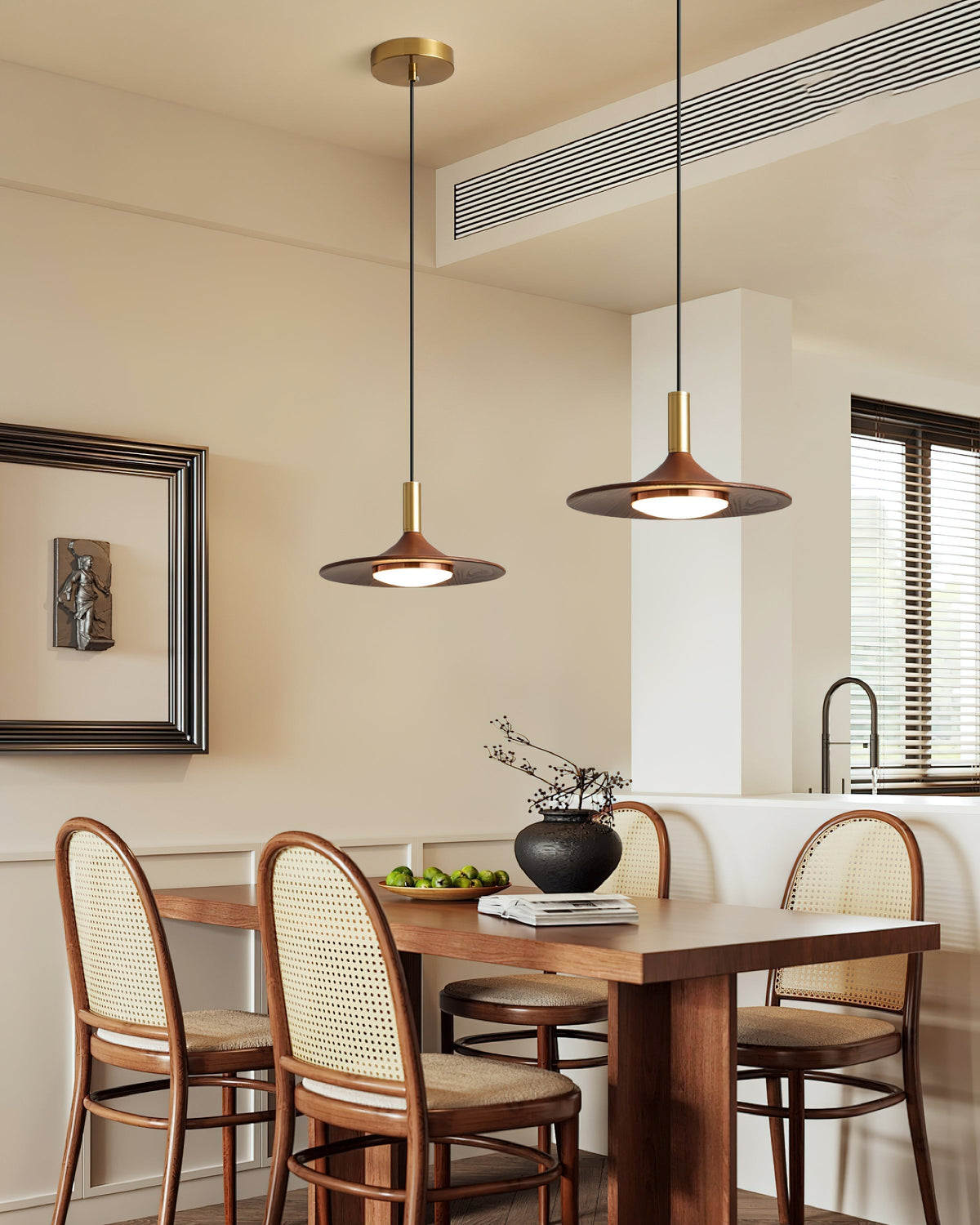 Kaelin lámpara colgante de forma de sombrero, madera estilo mid-century