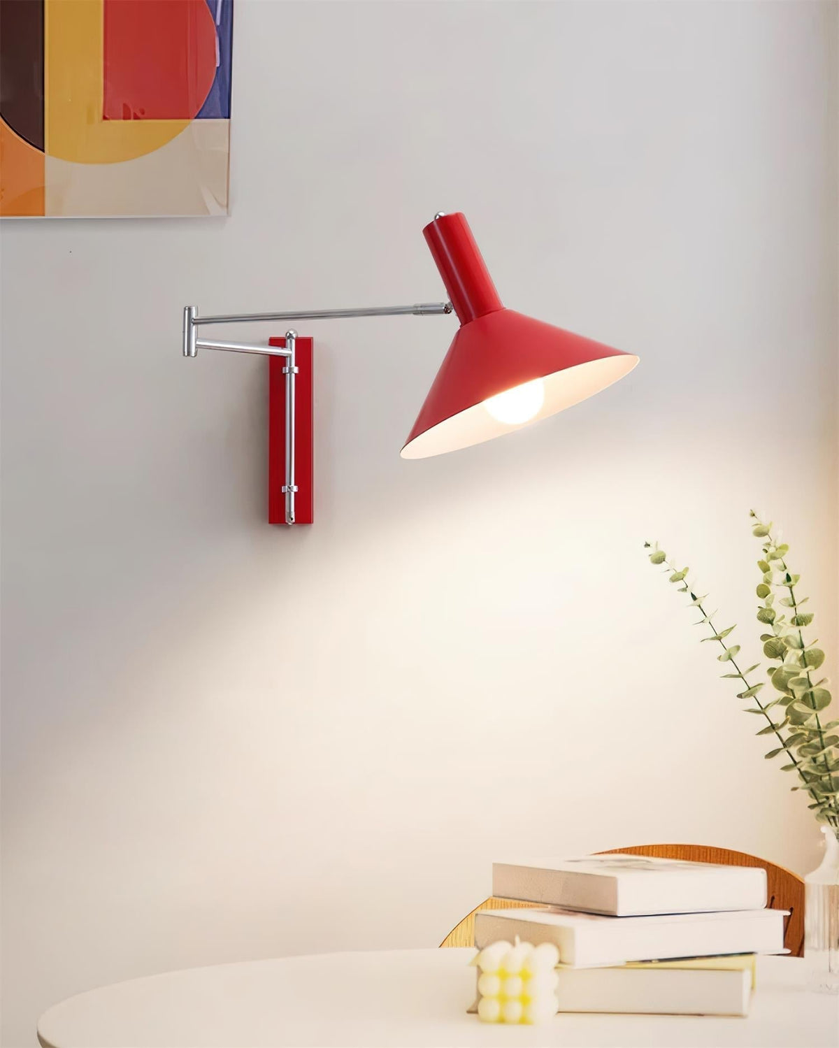 Lámpara de Pared Moderna con Brazo Metálico Ajustable y Pantalla Roja, Lámpara de Lectura