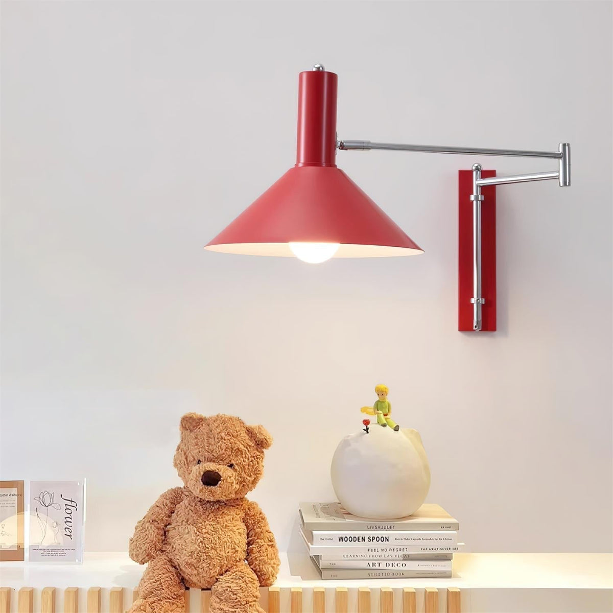 Lámpara de Pared Moderna con Brazo Metálico Ajustable y Pantalla Roja, Lámpara de Lectura