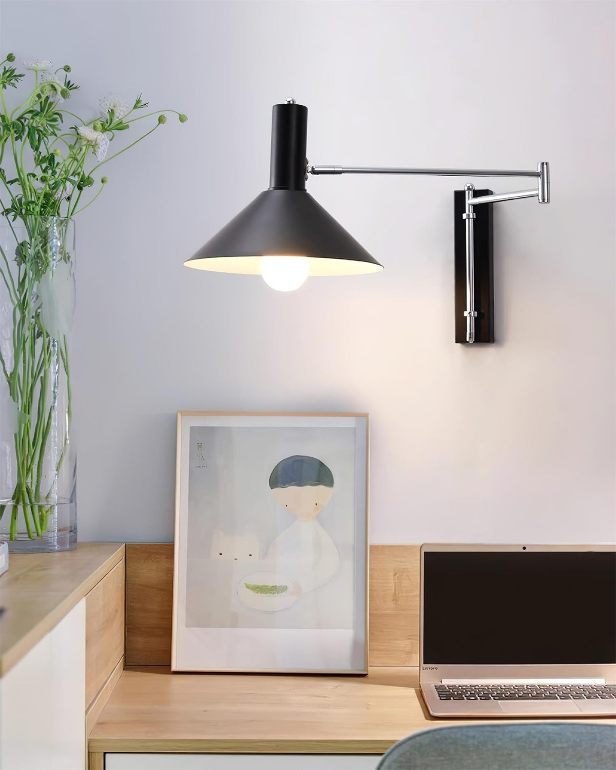 Lámpara de Pared Moderna con Brazo Metálico Ajustable y Pantalla Roja, Lámpara de Lectura