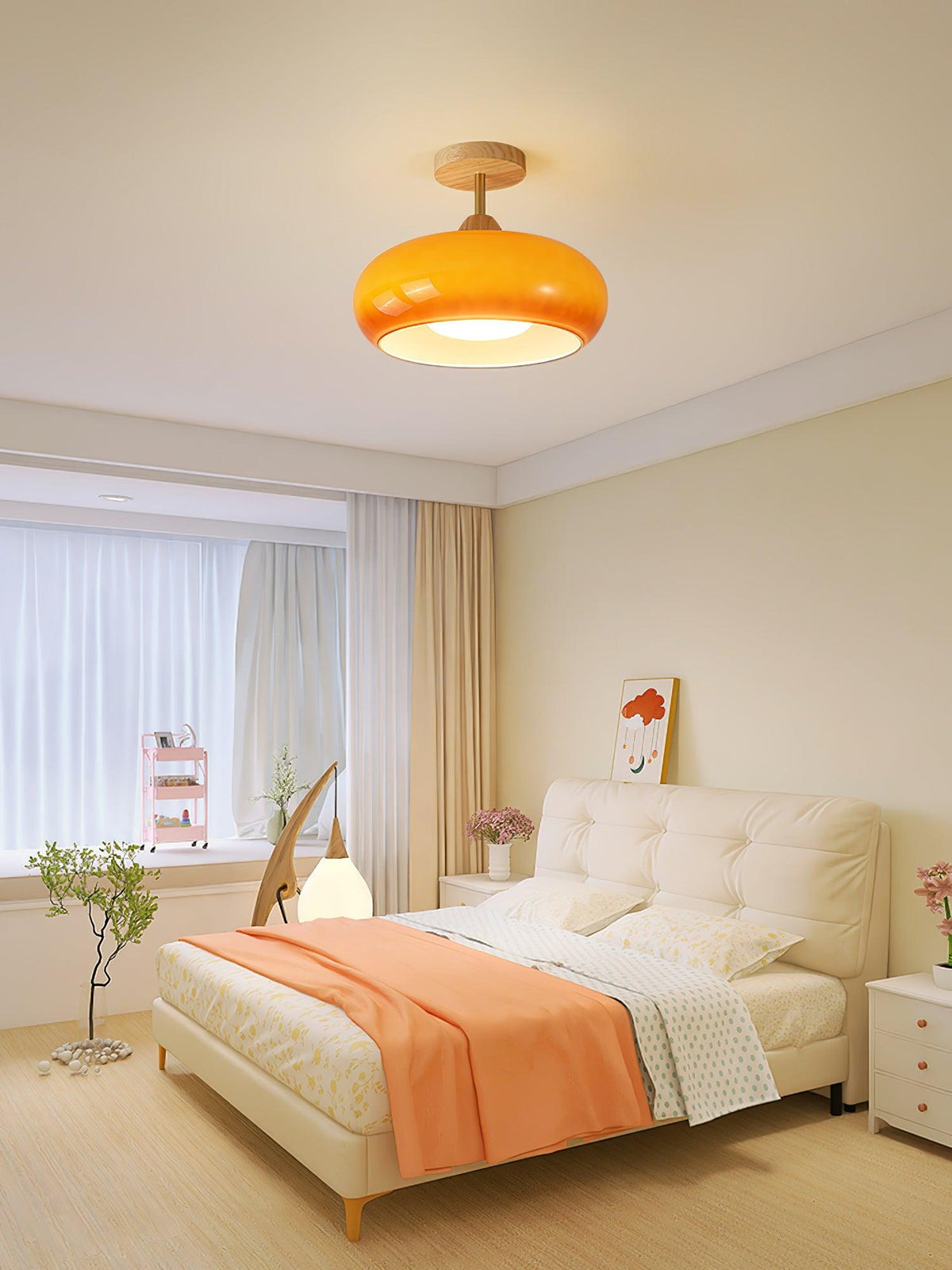 Aldaline lámpara de techo con pantalla de vidrio y madera color natural y naranja