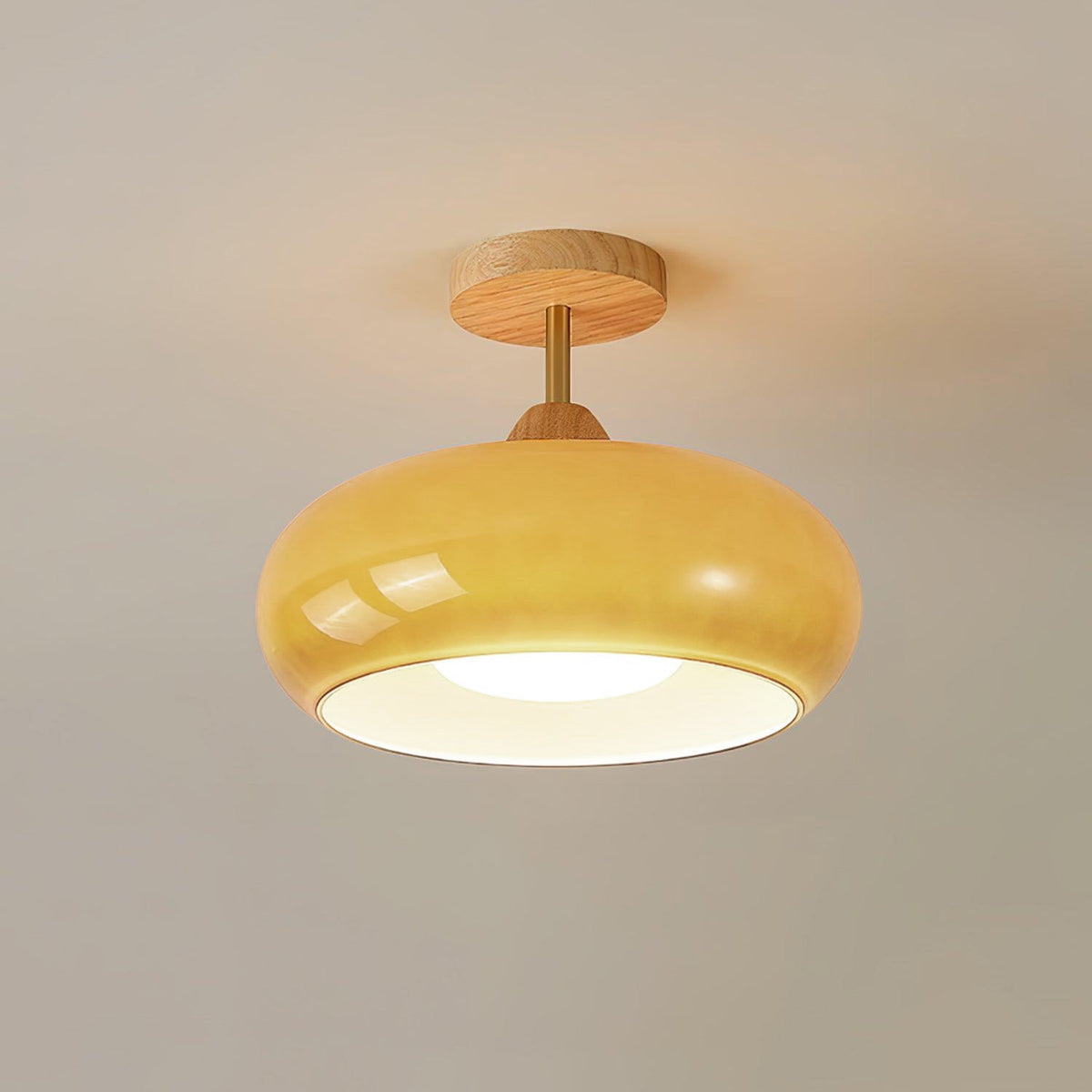 Aldaline lámpara de techo con pantalla de vidrio y madera color natural y naranja