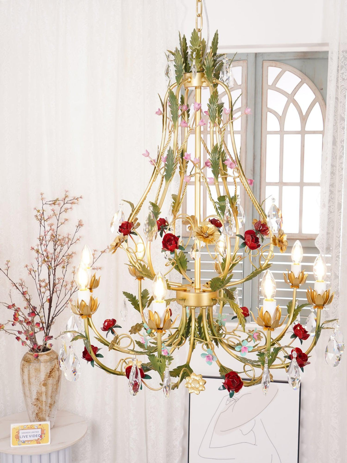 Selarella lámpara de araña de cristal y latón con rosas florales tipo vela