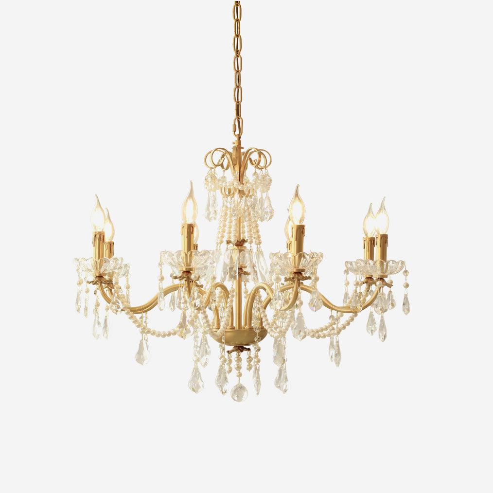 Lámpara de araña de latón con goteos de cristal perla, elegancia vintage
