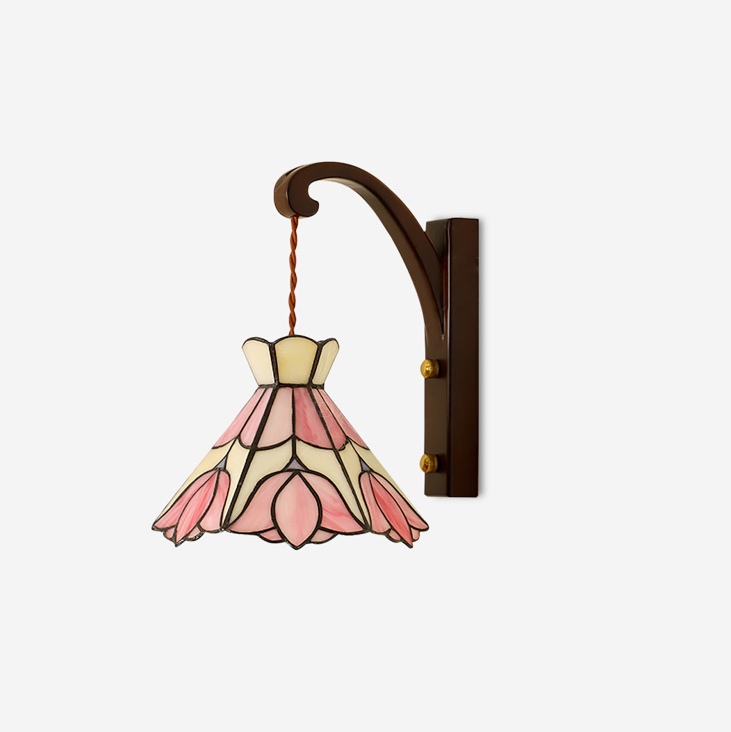 Aplique de pared cuerpo de madera y pantalla de vidrio Tiffany rosa floral estilo vintage art