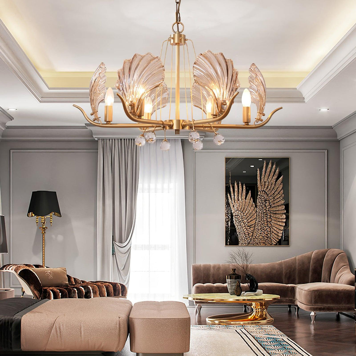 Luxereon lámpara de araña con hojas de cristal y florón de cobre