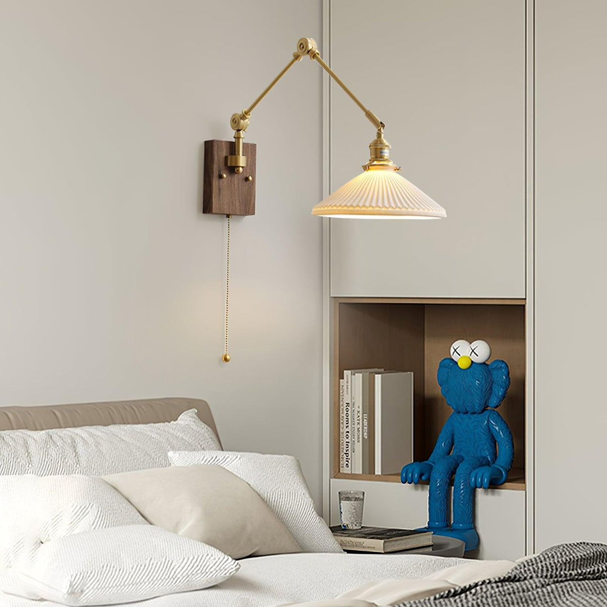 Aplique de pared con brazo ajustable y pantalla plisada, base de nogal, estilo vintage para tareas