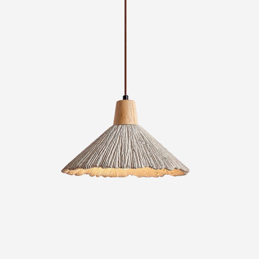 Lámpara colgante de madera y pantalla de cemento texturizado gris estilo Japandi