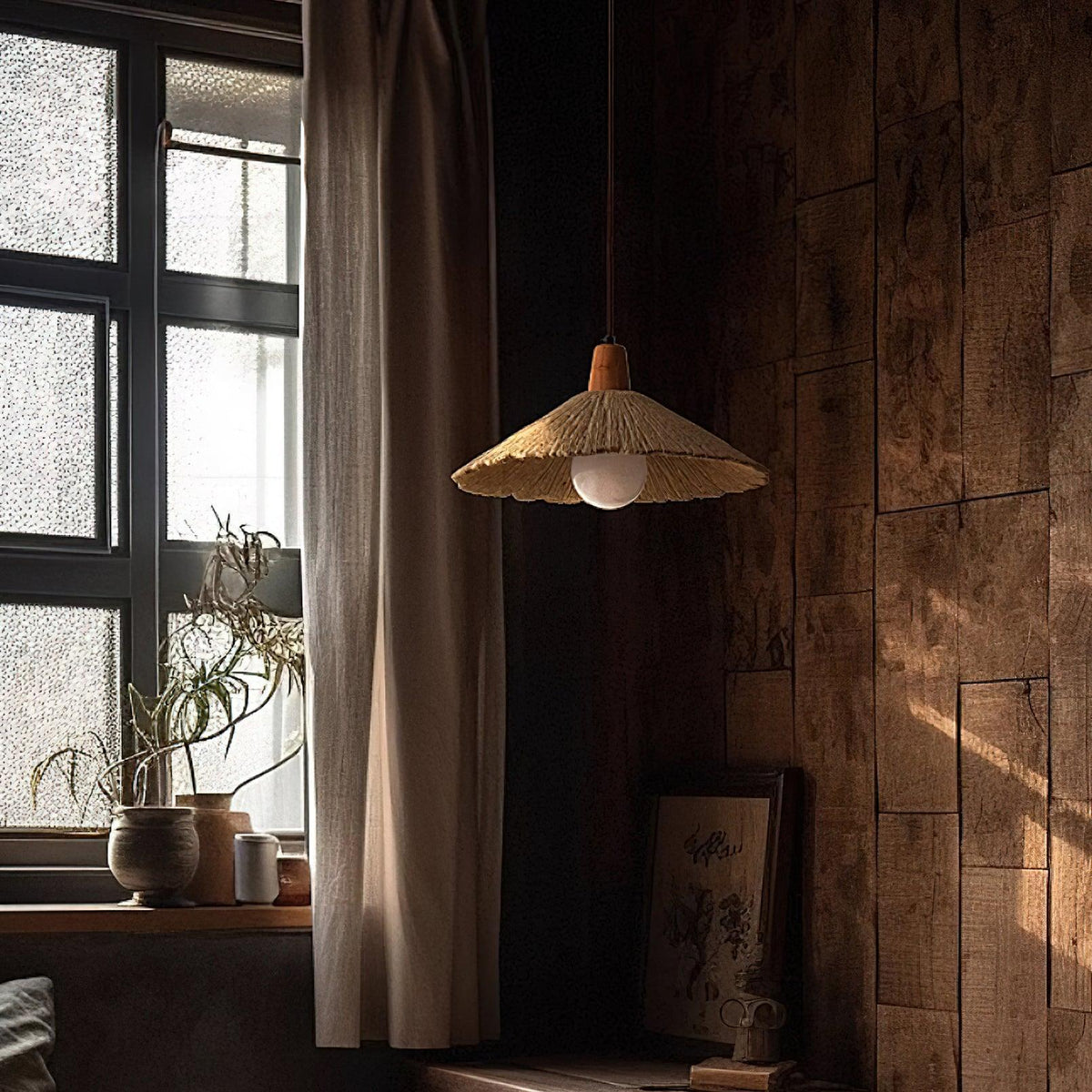 Lámpara colgante de madera y pantalla de cemento texturizado gris estilo Japandi