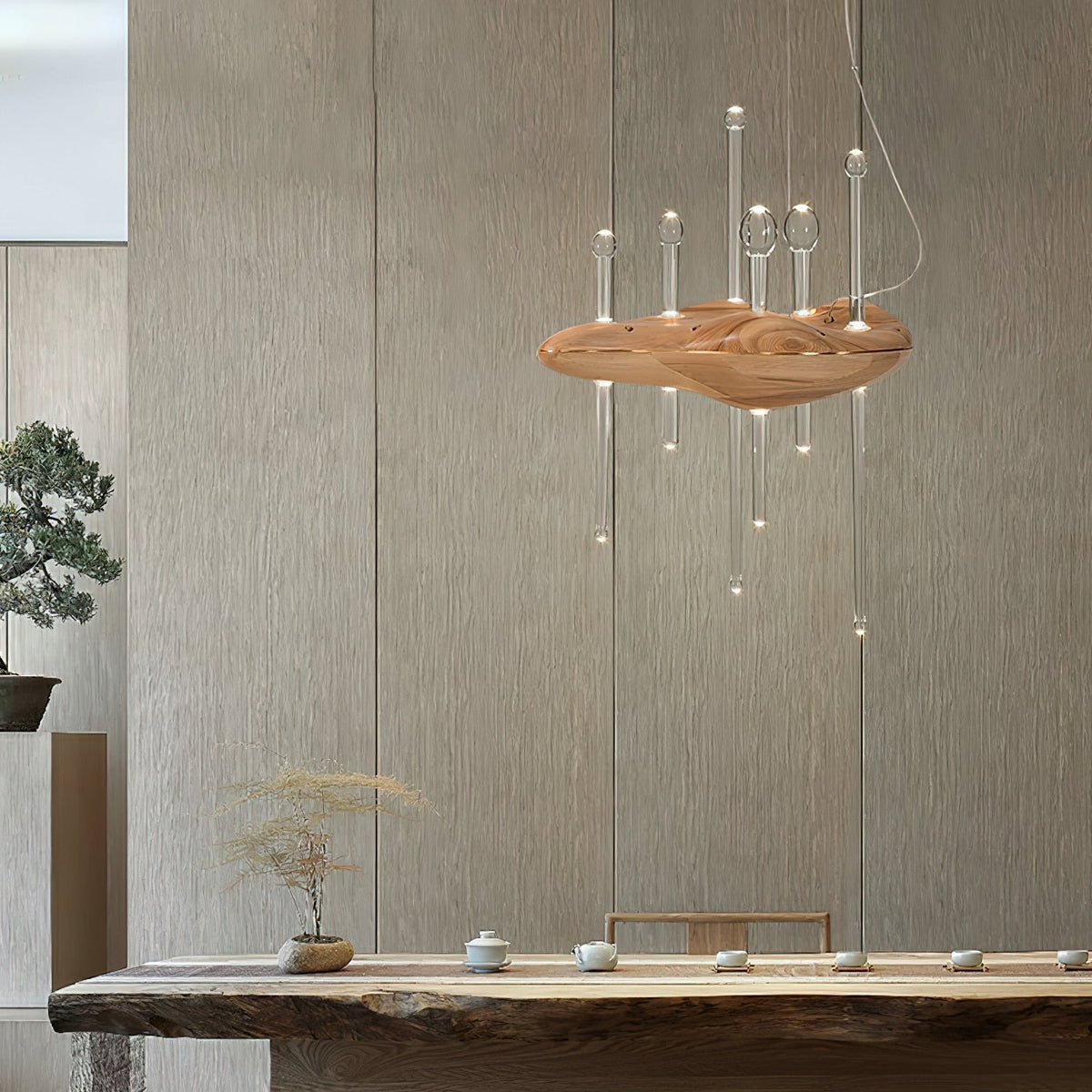 Umare lámpara colgante Whimsical de vidrio y madera