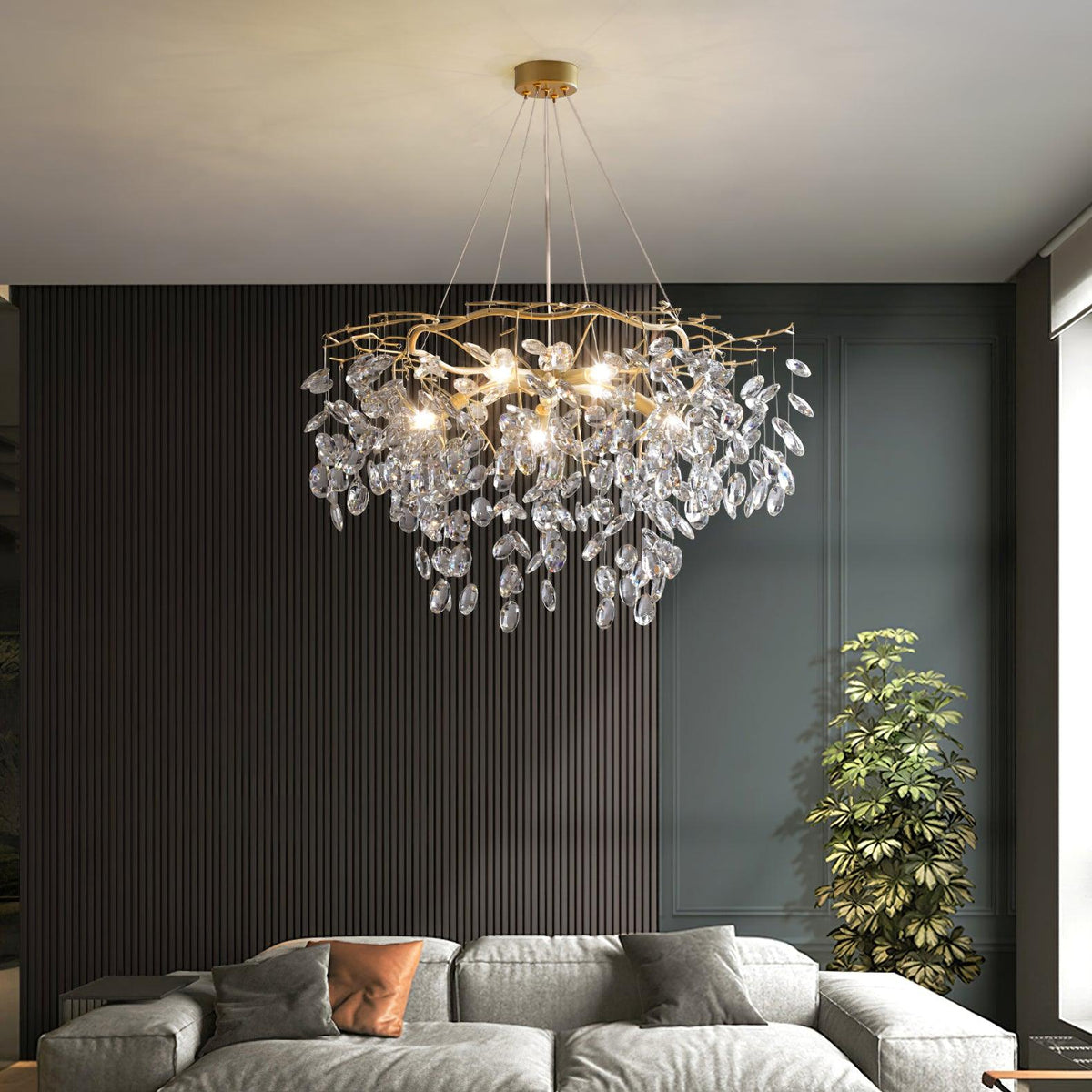 Luxirian lámpara de araña de cristal y ramas doradas con LED