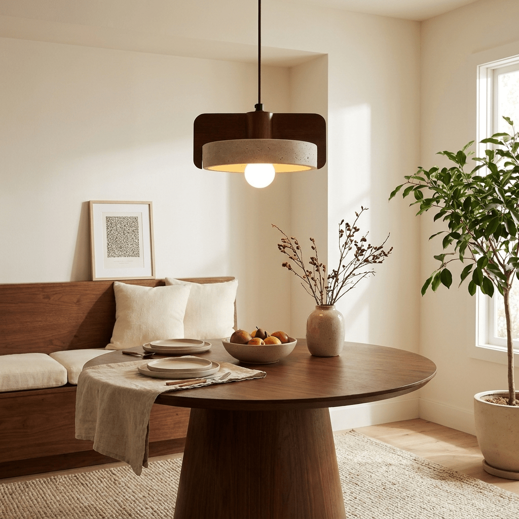 Squircle lámpara colgante de travertino y madera en forma de tambor