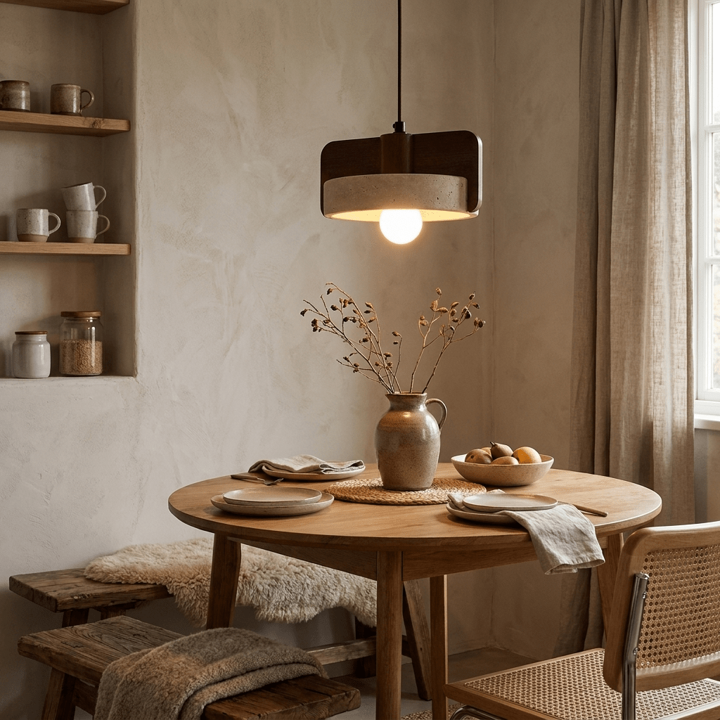 Squircle lámpara colgante de travertino y madera en forma de tambor