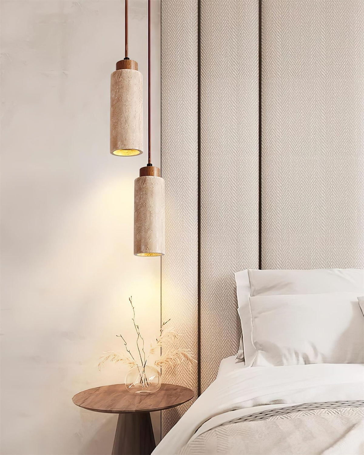 Nerova lámpara colgante minimalista de madera con acabado en travertino