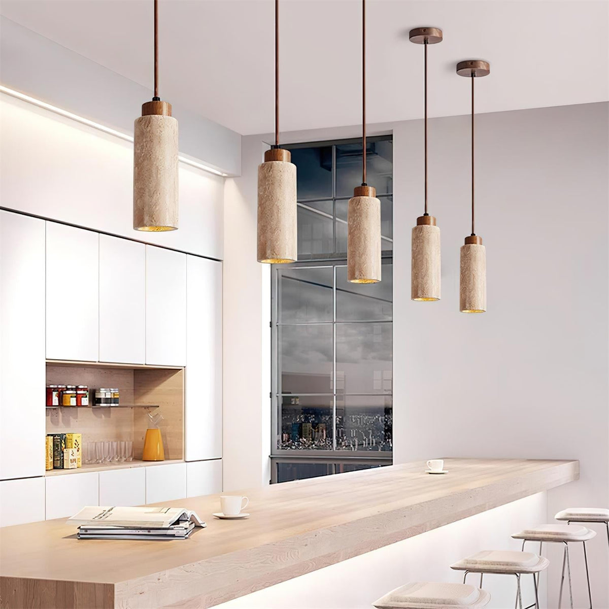 Nerova lámpara colgante minimalista de madera con acabado en travertino